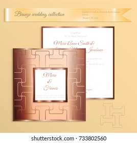 Luxury bronze shiny wedding invitation template. Back and front square card layout with rich gold bronze pattern. Isolated. Design for bridal shower, save the date, banner.