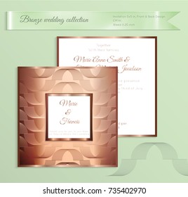 Luxury bronze shiny wedding invitation template. Back and front square card layout with rich gold bronze pattern. Isolated. Design for bridal shower, save the date, banner.