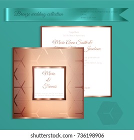 Luxury bronze shiny wedding invitation template. Back and front square card layout with rich gold bronze pattern. Isolated. Design for bridal shower, save the date, banner.