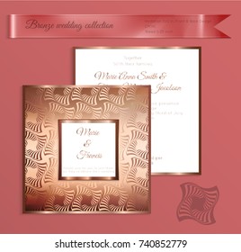 Luxury bronze shiny wedding invitation template. Back and front square card layout with rich gold bronze pattern. Isolated. Design for bridal shower, save the date, banner.