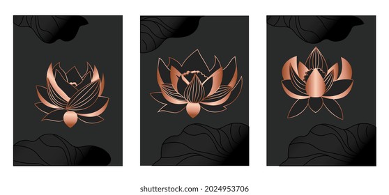 Luxury bronze wallpaper. Collection with metallic lotus flowers and gradient lines in form of leaves. Abstract posters for postcards and wall decoration. Vector illustration isolated on white backdrop