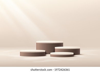 Luxury brown and cream color cylinder step pedestal podium. Light brown wall scene. Window lighting. Abstract modern vector rendering 3d shape for products display presentation. Minimal studio room.