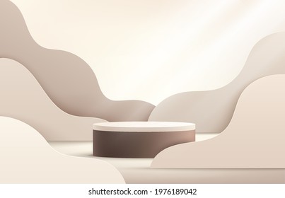 Luxury brown and cream cylinder pedestal podium. Beige color wave liquid shape decorate. Window lighting. Minimal wall scene. Abstract vector rendering 3d shape for products display presentation.