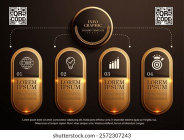 Luxury brown and gold infographic flowchart template 4 steps, corporate reporting business presentations. Horizontal design, high-quality vector illustration, handcrafted design.