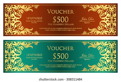 Luxury brown and green voucher with golden vintage ornament
