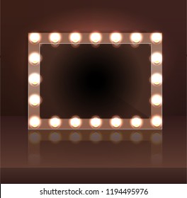 Luxury brown makeup blank mirror realistic with bulb light effect in wall background. vector illustration