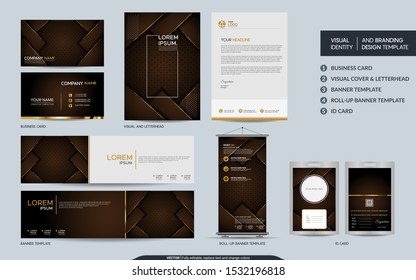 Luxury brown stationery mock up set and visual brand identity with abstract overlap layers background . Vector illustration mock up for branding, cover, card, product, event, banner, website. 