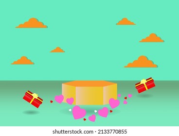 Luxury brown-gold  square podium on light green empty room background. gift box and heart decorate. Abstract vector rendering 3d shape for the advertising products display. Minimal scene studio room.
