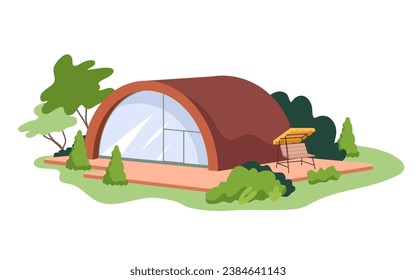 Luxury bubble house for ecotourism, glamping vector illustration. Cartoon isolated summer forest landscape scene with cabin of round shape and panoramic windows, wooden terrace with hanging sofa