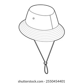 Luxury Bucket Hat with Cord Stopper. Summer Head Fashion accessory cap clothing technical illustration. Vector headgear for Men, women, unisex style, flat template CAD mockup sketch outline isolated