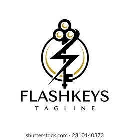 Diseño con el logotipo de un trueno lujoso de la llave de la construcción. Elegancia marca con el logotipo de flash de la llave de casa.