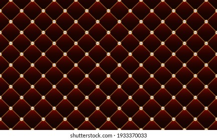 Luxury burgundy background with golden chains and pearl beads. Seamless vector illustration. Upholstery background.