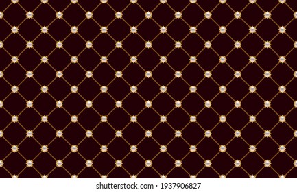 Luxury burgundy background with golden chains and pearl beads. Seamless vector illustration. Upholstery background.