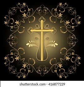 Luxury burial decoration with golden crucifix in golden filigree frame, rich decorated