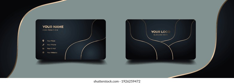 Luxury business card with floral wavy shape template design. Inspiration from the dark abstract background. Contact card for company. Two sided gold with geometric design vector illustration template.