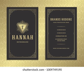 Luxury business card and golden vintage ornament logo vector template. Retro elegant flourishes ornamental frame design and pattern background.