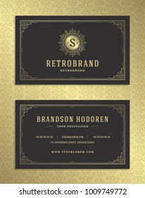 Luxury business card and golden vintage ornament logo vector template. Retro elegant flourishes ornamental frame design and pattern background.