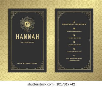 Luxury business card and golden vintage ornament logo vector template. Retro elegant flourishes ornamental frame design and golden pattern background.