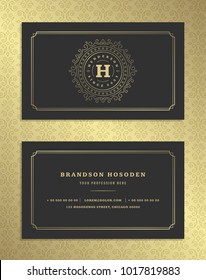 Luxury business card and golden vintage ornament logo vector template. Retro elegant flourishes ornamental frame design and golden pattern background.