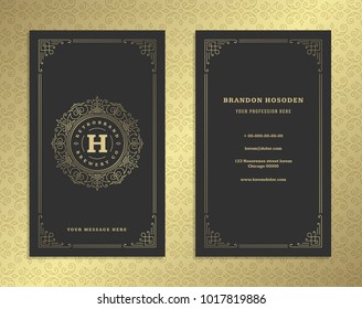 Luxury business card and golden vintage ornament logo vector template. Retro elegant flourishes ornamental frame design and golden pattern background.