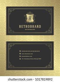 Luxury business card and golden vintage ornament logo vector template. Retro elegant flourishes ornamental frame design and golden pattern background.