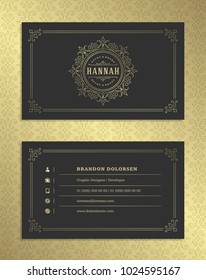 Luxury business card and golden vintage ornament logo vector template. Retro elegant flourishes ornamental frame design and golden pattern background.