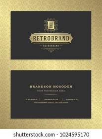 Luxury business card and golden vintage ornament logo vector template. Retro elegant flourishes ornamental frame design and golden pattern background.