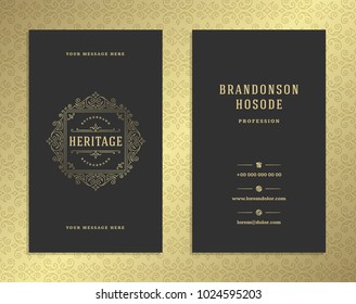 Luxury business card and golden vintage ornament logo vector template. Retro elegant flourishes ornamental frame design and golden pattern background.