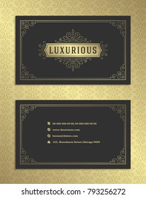 Luxury business card and golden vintage ornament logo vector template. Retro elegant flourishes ornamental frame design and pattern background.