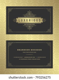 Luxury business card and golden vintage ornament logo vector template. Retro elegant flourishes ornamental frame design and pattern background.