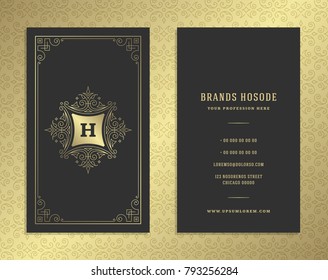Luxury business card and golden vintage ornament logo vector template. Retro elegant flourishes ornamental frame design and pattern background.