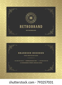 Luxury business card and golden vintage ornament logo vector template. Retro elegant flourishes ornamental frame design and pattern background.