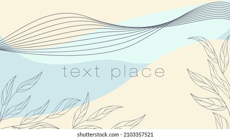luxury business card or invitation pastel color with waves and elegant linear  leaves with text place 