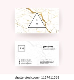 Luxury business card with marble texture and geometric line and golden background vector template.