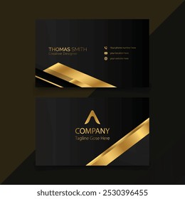 Luxury business card template vector with gradient style. Elegant abstract golden wavy lines shine against a dark backdrop. blend of white and gold hues. horizontal arrangement with textual room. Mod