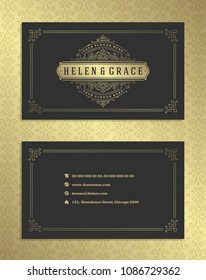 Luxury business card template and vintage ornament logo vector illustration. Retro elegant flourishes ornamental frame design and pattern background.