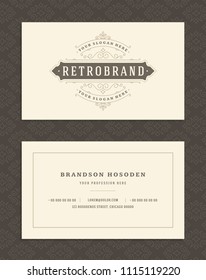 Luxury business card template and vintage ornament label vector illustration. Retro elegant flourishes ornamental frame design and pattern background.