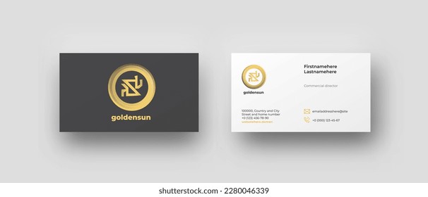 Lujoso modelo de vista superior de tarjeta de visita con el logotipo dorado de la decoración en círculo y fondo gris, correo e iconos de teléfono. Identidad corporativa estilo minimalista para la compañía financiera