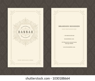 Luxury business card and vintage ornament logo vector template. Retro elegant flourishes ornamental frame design and pattern background.