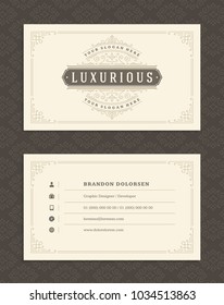 Luxury business card and vintage ornament logo vector template. Retro elegant flourishes ornamental frame design and pattern background.