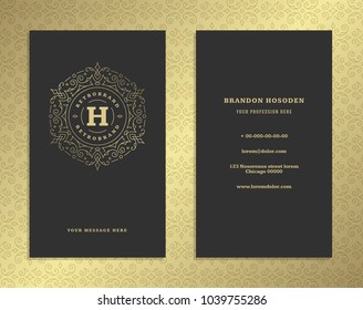 Luxury business card and vintage ornament logo vector template. Retro elegant flourishes ornamental frame design and pattern background.