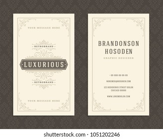 Luxury business card and vintage ornament logo vector template. Retro elegant flourishes ornamental frame design and pattern background.