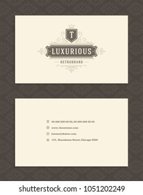 Luxury business card and vintage ornament logo vector template. Retro elegant flourishes ornamental frame design and pattern background.