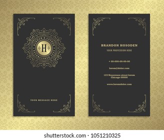 Luxury business card and vintage ornament logo vector template. Retro elegant flourishes ornamental frame design and pattern background.