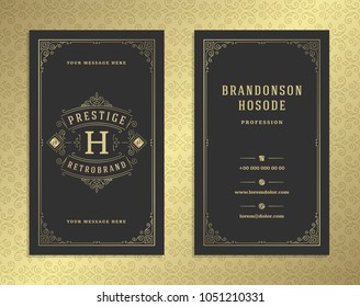 Luxury business card and vintage ornament logo vector template. Retro elegant flourishes ornamental frame design and pattern background.