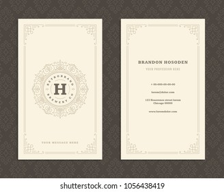 Luxury business card and vintage ornament logo vector template. Retro elegant flourishes ornamental frame design and pattern background.