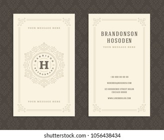 Luxury business card and vintage ornament logo vector template. Retro elegant flourishes ornamental frame design and pattern background.