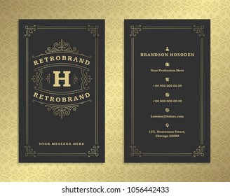 Luxury business card and vintage ornament logo vector template. Retro elegant flourishes ornamental frame design and pattern background.
