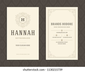 Luxury business card and vintage ornament logo vector template. Retro elegant flourishes ornamental frame design and pattern background.