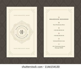 Luxury business card and vintage ornament logo vector template. Retro elegant flourishes ornamental frame design and pattern background.